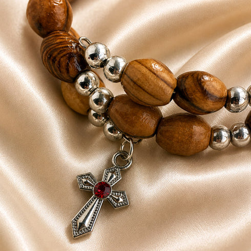 Olive Wood Wrap Bracelet with Silver-Tone Beads & Cross
