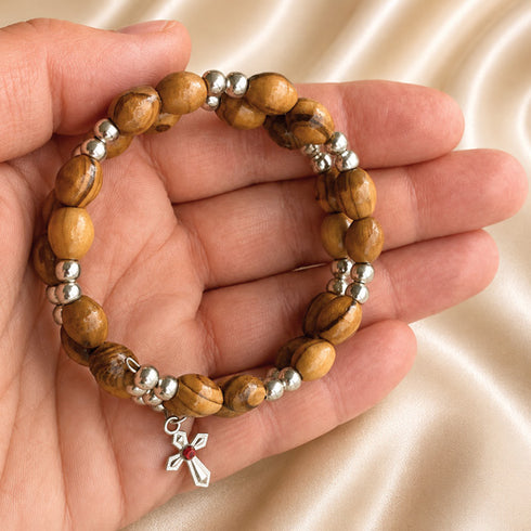 Olive Wood Wrap Bracelet with Silver-Tone Beads & Cross