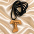 Tau crucifix necklace, olive wood cross pendant on long black braided cord