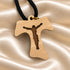 Tau crucifix pendant in olive wood with black braided cord and gold ring