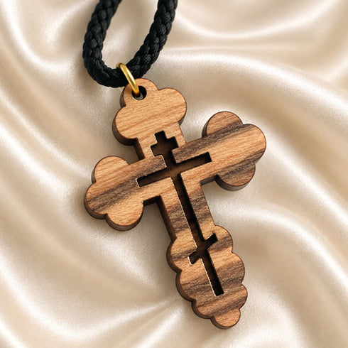 Olive Wood Three-Bar Orthodox Cross Necklace from Bethlehem