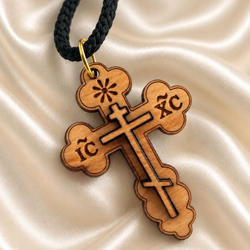 Olive Wood Three-Bar Orthodox Cross Necklace from Bethlehem