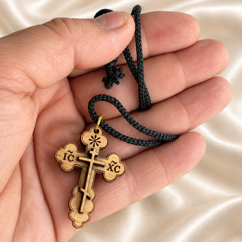 Olive Wood Three-Bar Orthodox Cross Necklace from Bethlehem