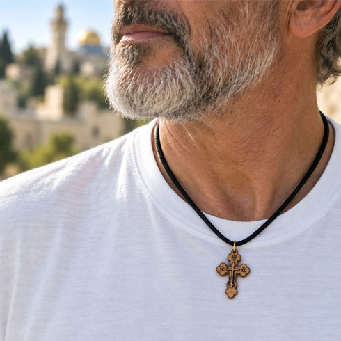 Olive Wood Three-Bar Orthodox Cross Necklace from Bethlehem