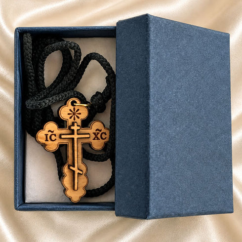 Olive Wood Three-Bar Orthodox Cross Necklace from Bethlehem