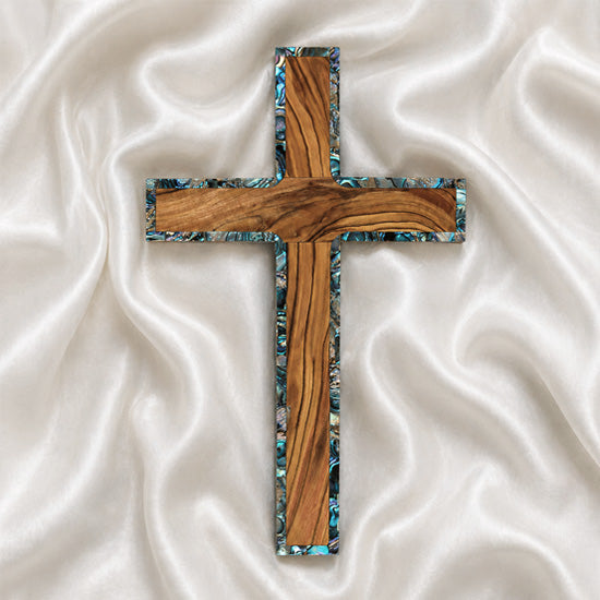 Latin cross made of olive wood, featuring elegant nacre inlays.