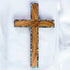 Latin cross made of olive wood, featuring elegant nacre inlays.