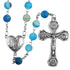 Blue rosary with silver heart centrepiece and cross on a white background