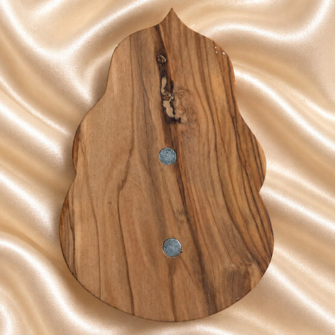 Back view of Our Lady of Guadalupe olive wood holy water font showing the natural wood grain and hanger
