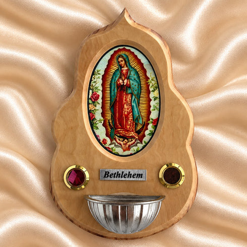 Our Lady of Guadalupe olive wood holy water font with devotional image and small water basin