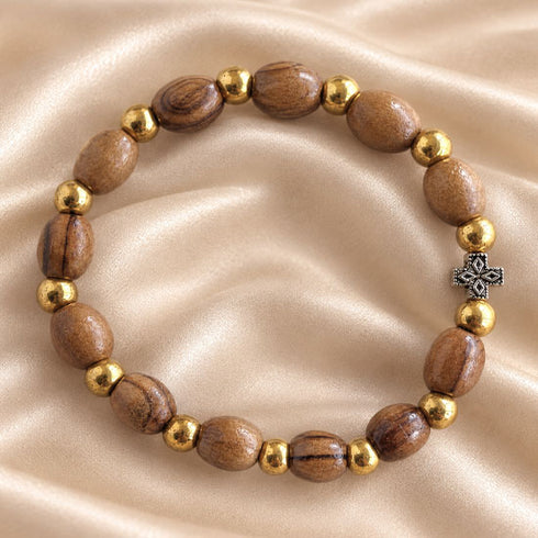 Oval Olive Wood Christian Bracelet with Gold Beads