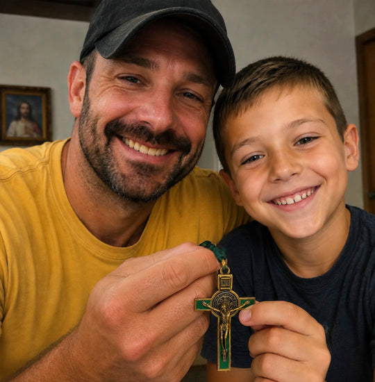 Man and young boy holding a crucifix together, smiling.