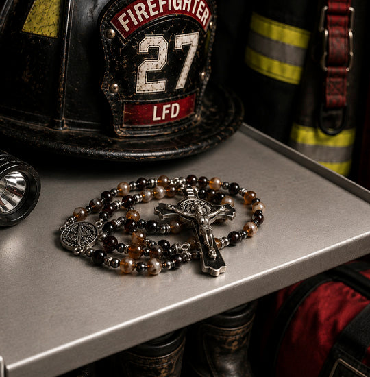 St.Benedict crystal rosary in a firefighter's locker