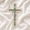 Frontal image of a classic olive wood Latin cross featuring silver crucifix and Mother of Pearl inlay detail on soft white surface.