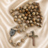 St. Benedict rosary with picture Jasper beads, round medal charm, and silver-tone cross pendant