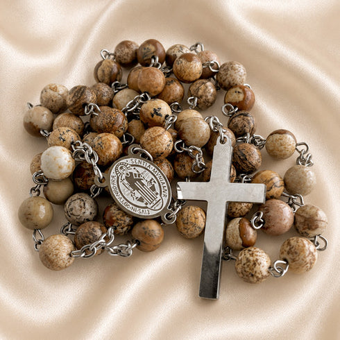 St. Benedict rosary with picture Jasper beads, round medal, and large silver-tone cross