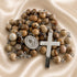 St. Benedict rosary with picture Jasper beads, round medal, and large silver-tone cross
