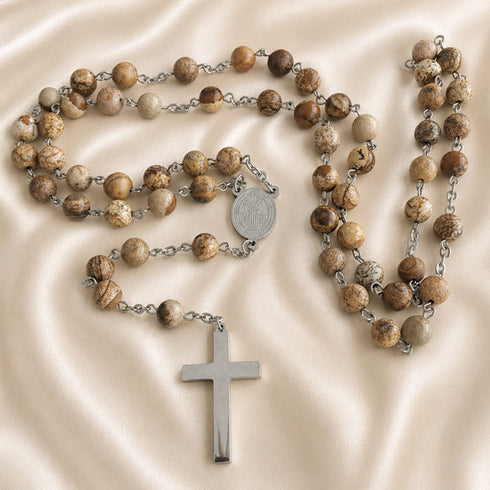 St. Benedict rosary with jasper beads, round picture medal, and silver-tone cross pendant