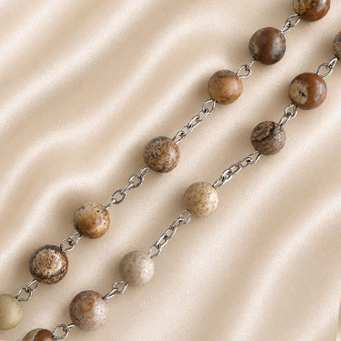 St. Benedict rosary close-up of Jasper beads with silver links and cross charm
