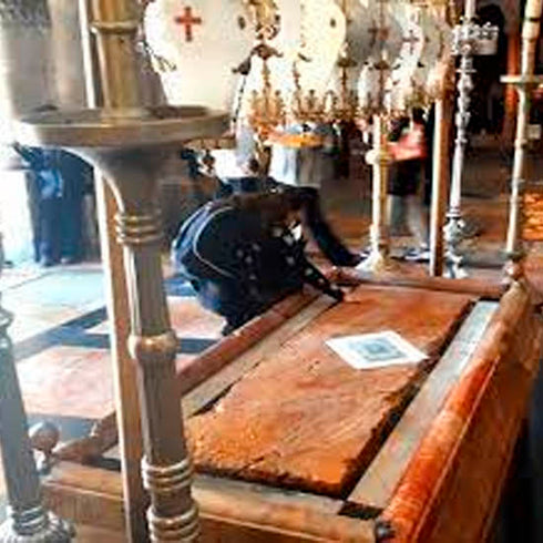 The Stone of Anointing inside the Church of the Holy Sepulchre.