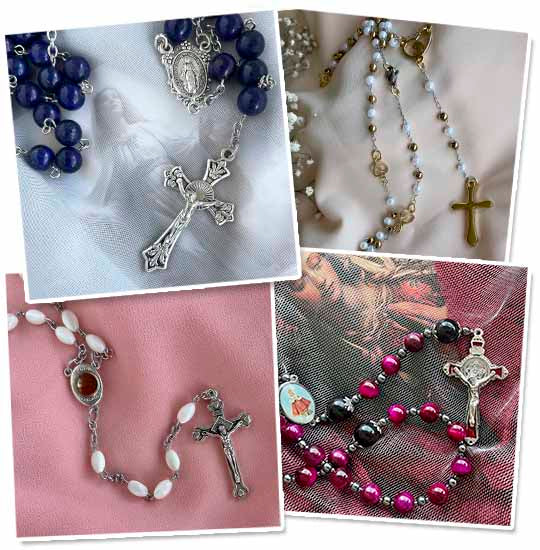 Collage of four images of handmade rosaries, each with unique beads and crucifixes.