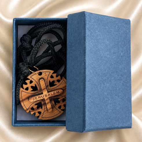 Round wooden Jerusalem cross pendant necklace in gift box with black cord
