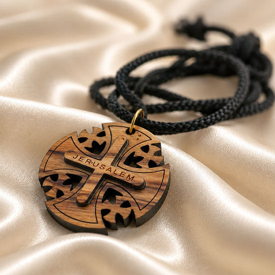Round Olive Wood Jerusalem Cross Necklace from Bethlehem