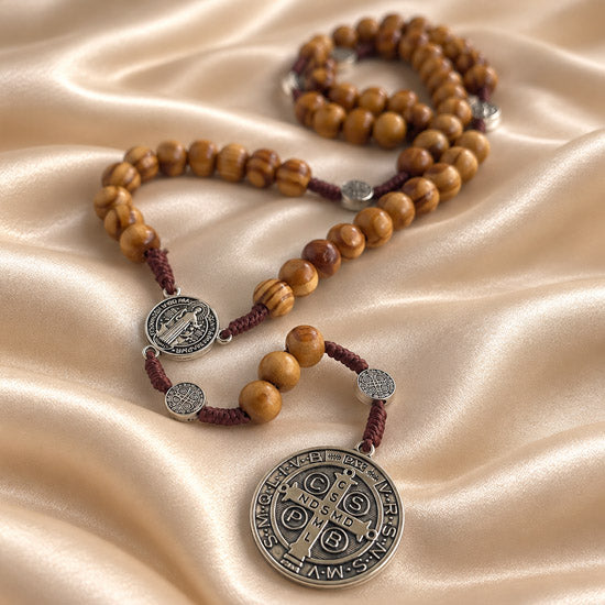 Saint Benedict olive wood rosary with natural wooden beads, large medal and crucifix