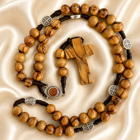 Olive Wood Seven Sorrows Chaplet with Jerusalem Cross & Virgin Mary Medals