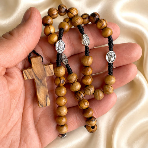 Olive Wood Seven Sorrows Chaplet with Jerusalem Cross & Virgin Mary Medals