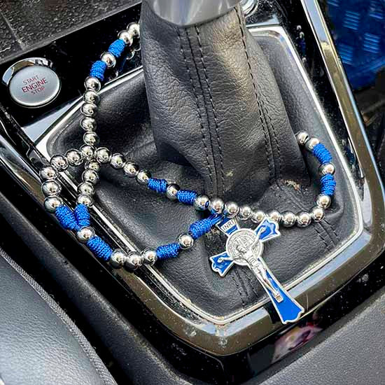 St.Benedict blue cord with metal beads rosary.