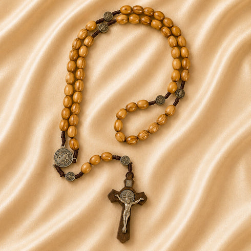 Holy Land Olive Wood Rosary with St. Benedict Wooden Crucifix
