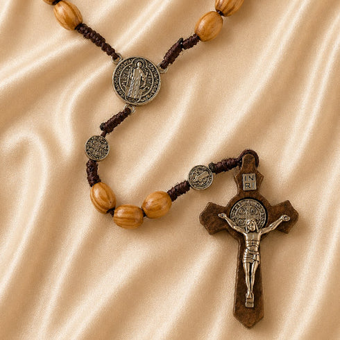 Holy Land Olive Wood Rosary with St. Benedict Wooden Crucifix