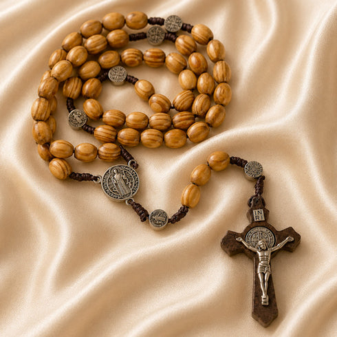 Holy Land Olive Wood Rosary with St. Benedict Wooden Crucifix