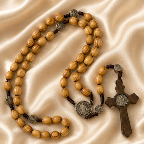 Holy Land Olive Wood Rosary with St. Benedict Wooden Crucifix