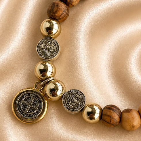 Olive Wood Saint Benedict Bracelet with Five Medals