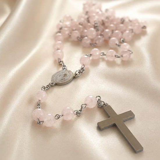 St. Benedict Rosary with Pink Jade Stone Beads