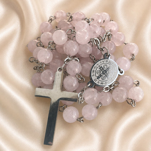 Pink jade bead rosary with cross charms and St. Benedict medal medallion
