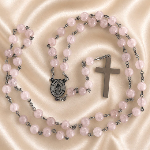 Pink jade bead rosary with St. Benedict medal and silver cross centerpiece