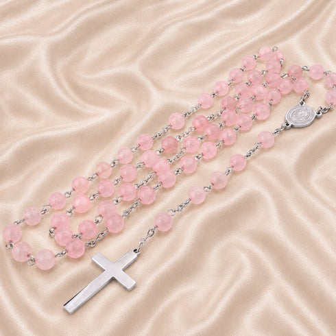 Long pink jade rosary with silver cross and circular St. Benedict medal