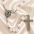 Pink jade bead rosary with St. Benedict medal and silver cross charm