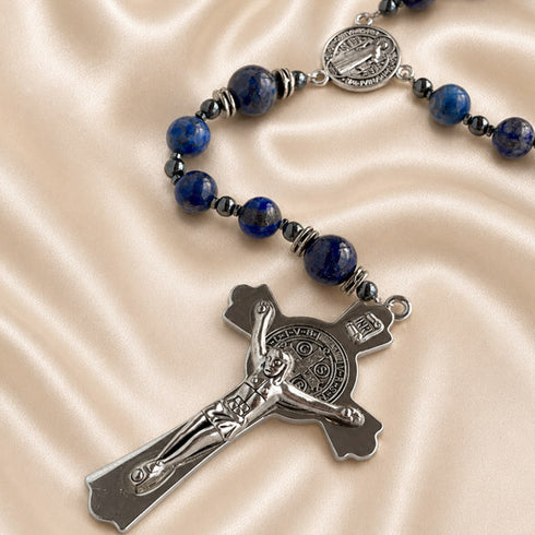 Lapis lazuli bead rosary with silver crucifix and round St. Benedict pendant