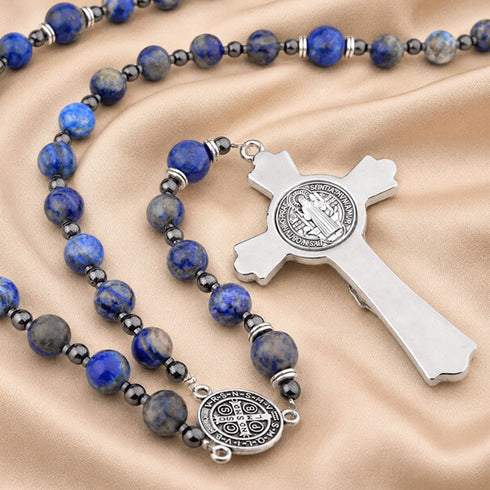 Lapis lazuli rosary with round St. Benedict medal and silver crucifix close-up
