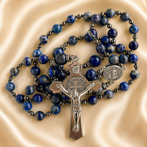 Lapis lazuli rosary featuring silver crucifix with St. Benedict medal and INRI detail