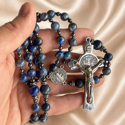 Lapis lazuli bead rosary with silver St. Benedict medallion and crucifix centerpiece