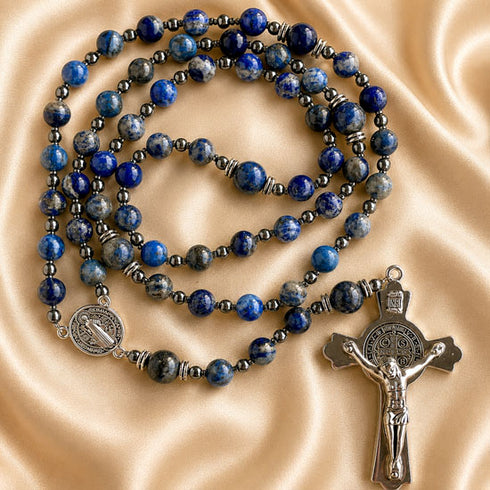 Lapis lazuli rosary with silver crucifix and two round St. Benedict medals