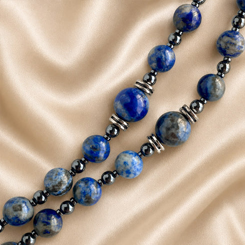 Lapis lazuli bead strand rosary with silver-tone spacers between beads