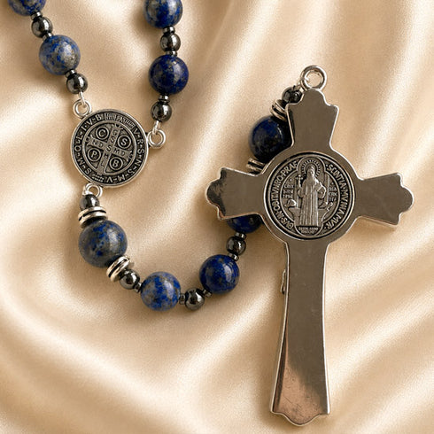 Lapis lazuli rosary with silver St. Benedict round medal, crucifix, and bead connectors