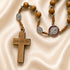 Olive wood rosary with St. Benedict medal centerpiece, Miraculous Medal markers and wooden cross with JERUSALEM written on.