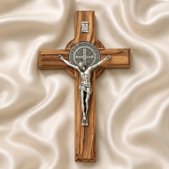 Saint Benedict Olive Wood Wall Crucifix from the Holy Land